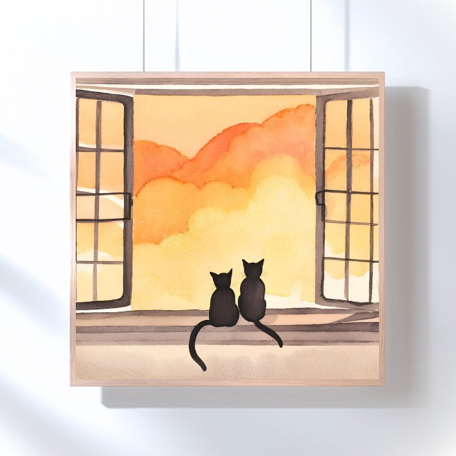 Katter i fönster | Solnedgång Vattenfärg Silhuett Poster (Skapare uppladdad)