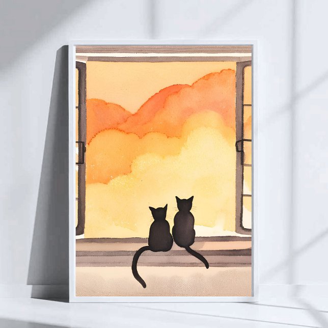Katter i fönster | Solnedgång Vattenfärg Siluett K Poster (Skapare uppladdad)