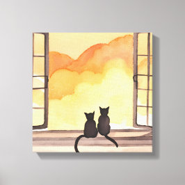 Katter i fönster | Sunset Watercolor Silhouette Canvastryck