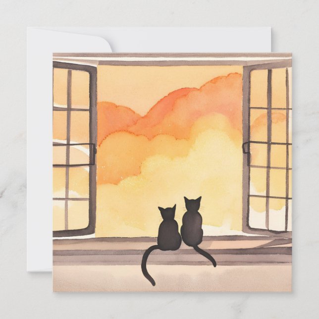 Katter i fönster | Sunset Watercolor Silhouette Kort (Framsida)