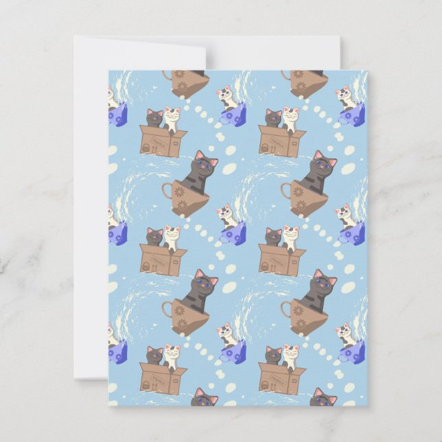 Katter i låda och mjölk droppar i blått julkort (Framsida)