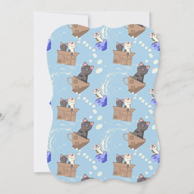 Katter i låda och mjölk droppar i blått kort (Framsida)