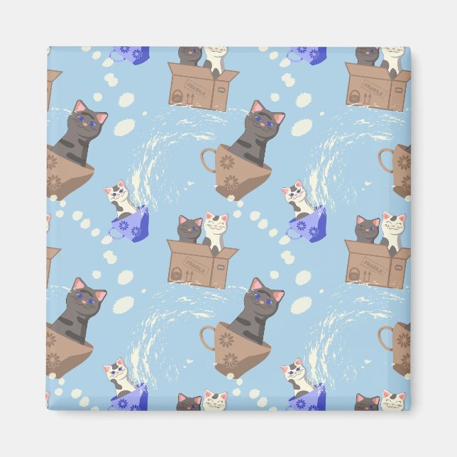 Katter i låda och mjölk droppar i blått magnet (Framsidan)