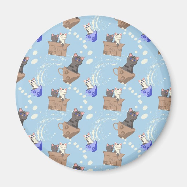 Katter i låda och mjölk droppar i blått magnet (Framsidan)