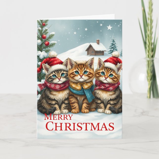 Katter i Preppy Winter Attire och Hats jul Kort (Framsida)