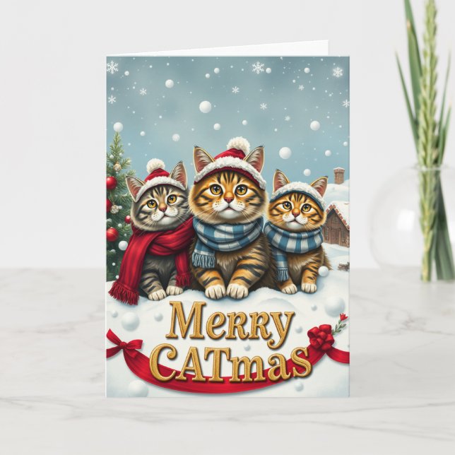 Katter i Preppy Winter Attire och Hats jul Kort (Framsida)
