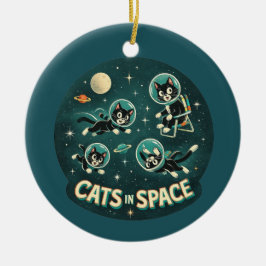 Katter i rymden UFO rolig humor kattunge Julgransprydnad Keramik