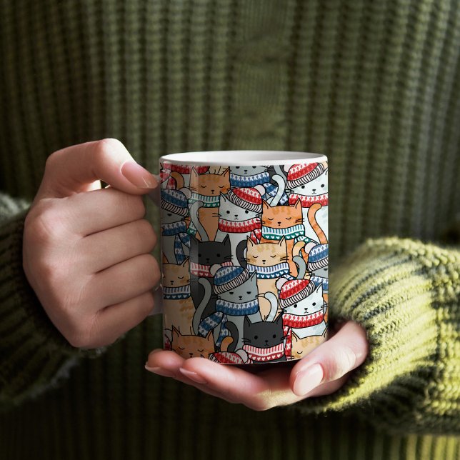 Katter i vinterscarves & Hats Mönster Fabric Kaffemugg (Cats in scarves and hats mug)