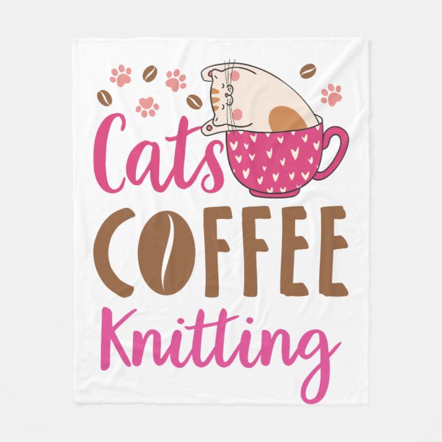 Katter Kaffe Stickning Fleecefilt (Framsidan)