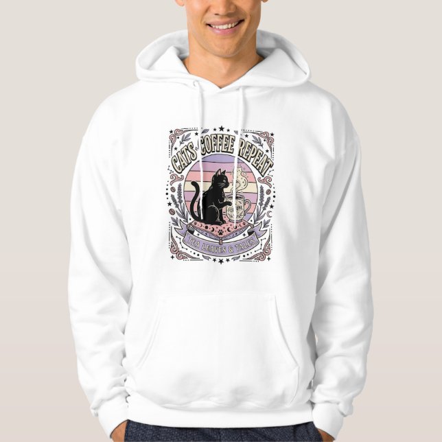 Katter Kaffe Upprepa Katt Teblad Kaffe Spådom R Hoodie (Framsida)