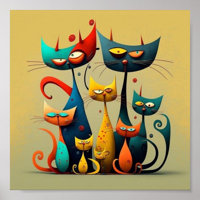 katter, levande, färgstarka, vita, stiliserade, le poster (Framsidan)