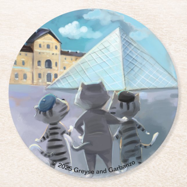 Katter Louvre Paris -Runda Pappersunderlägg (Set o Underlägg Papper Rund (Framsidan)