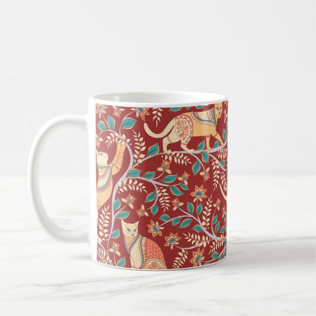 Katter med dekoration,grenar med blommor och blad kaffemugg (Vänster)