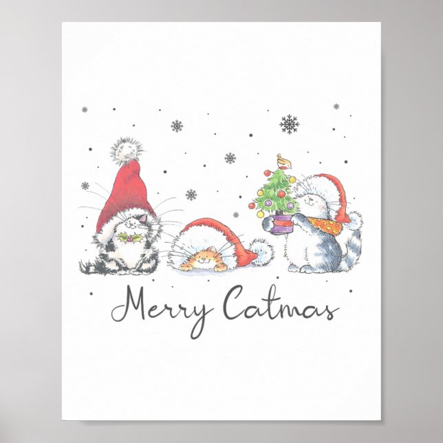 Katter Med Tomtehatt God Jul Katt Kattälskare Jul Poster (Framsidan)