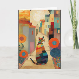 Katter och blommor i en månbelyst by tack kort