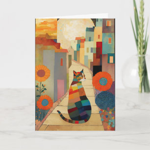 Katter och blommor i en månbelyst by tack kort