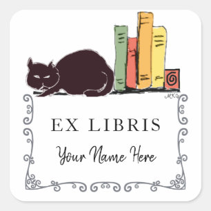 Katter och Böcker Hem Bibliotek Bibliophile Bokmär Fyrkantigt Klistermärke