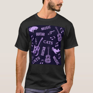 Katter och gitarrer lila mönster t shirt