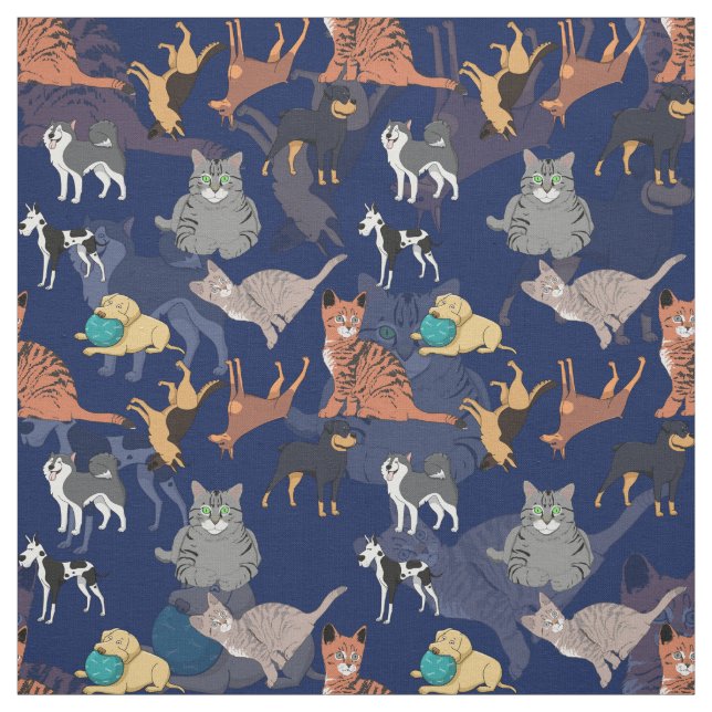 Katter Och Hundar Mönsterdesign På Blå  Tyg (Provkarta)