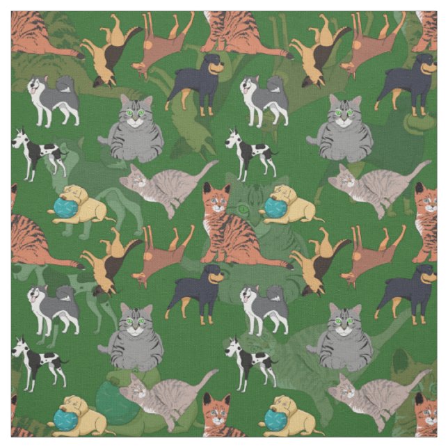 Katter Och Hundar Mönsterdesign På Grönt  Tyg (Provkarta)