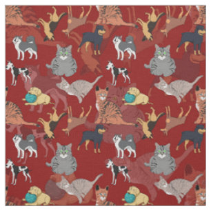 Katter Och Hundar Mönsterdesign På Rött Tyg