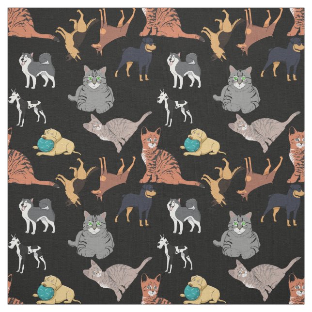 Katter Och Hundar Mönsterdesign På Svart  Tyg (Provkarta)