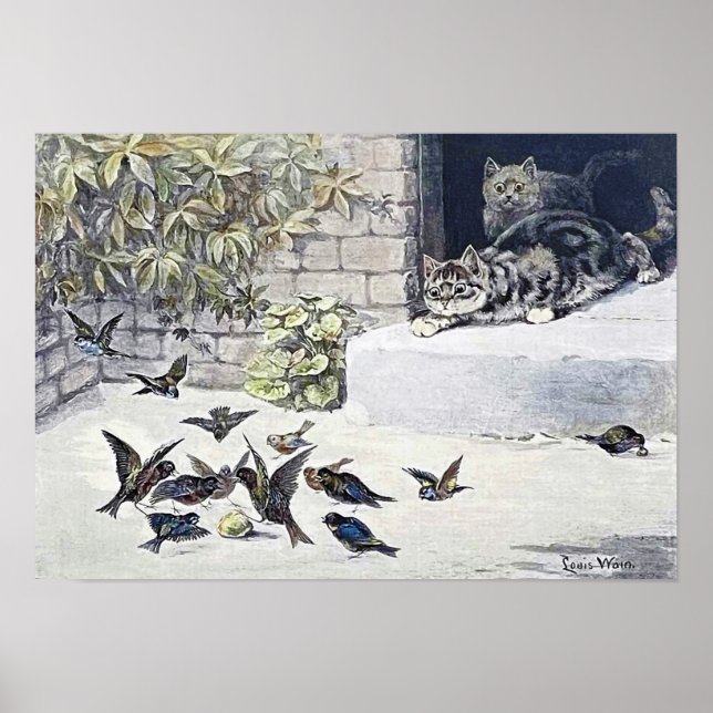 Katter och trädgårdsfåglar, Louis Wain Poster (Framsidan)