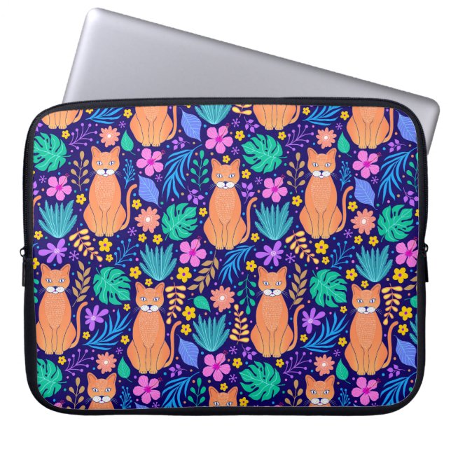 Katter och tropiska blommor: Mörk Mönster Laptop Fodral (Framsidan)