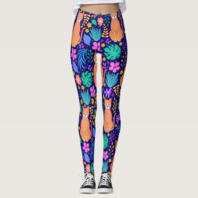 Katter och tropiska blommor: Mörk Mönster Leggings (Framsida)