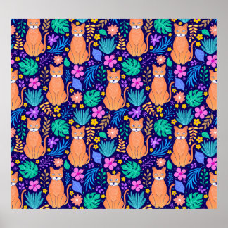 Katter och tropiska blommor: Mörk Mönster Poster