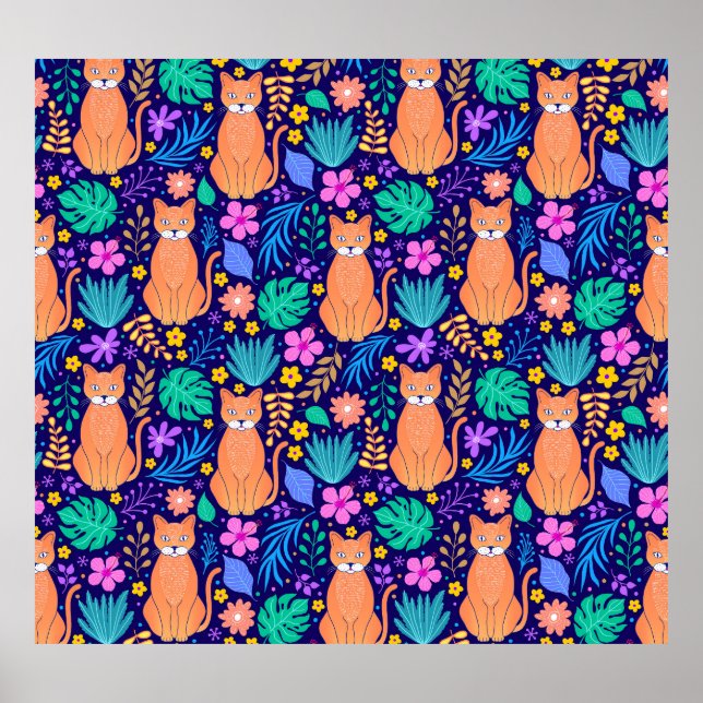 Katter och tropiska blommor: Mörk Mönster Poster (Framsidan)
