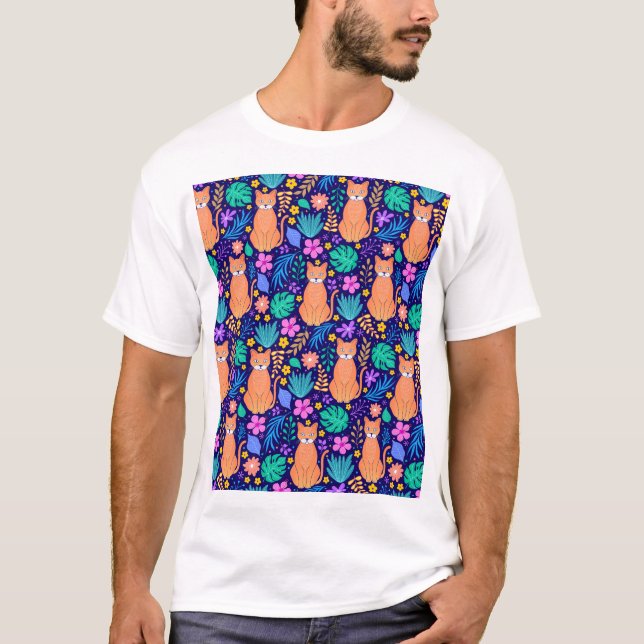Katter och tropiska blommor: Mörk Mönster T Shirt (Framsida)