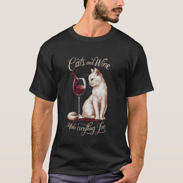 katter och vin gör allt bra t shirt (Framsida)