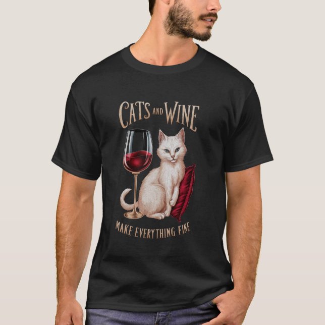 katter och vin gör allt bra t shirt (Framsida)