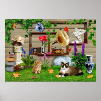 Katter på bakgården. En gullig bild. Poster