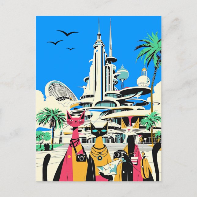 Katter på besök i framtiden vykort (Framsida)