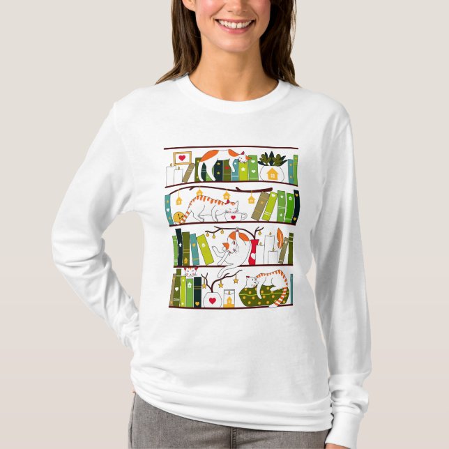 Katter på bokhyllor, katter och Älskare i Bok T Shirt (Framsida)