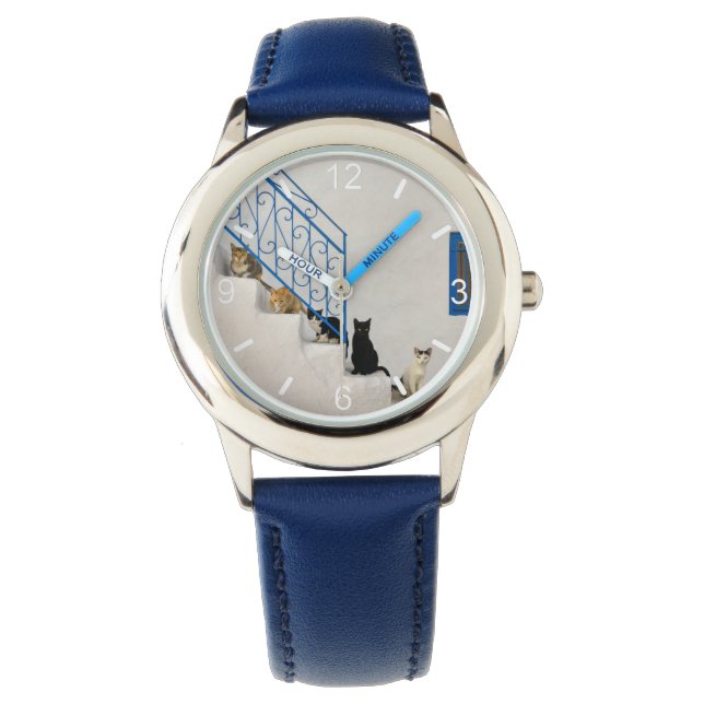 Katter på en vit trappa i en grekisk by armbandsur (Framsida)