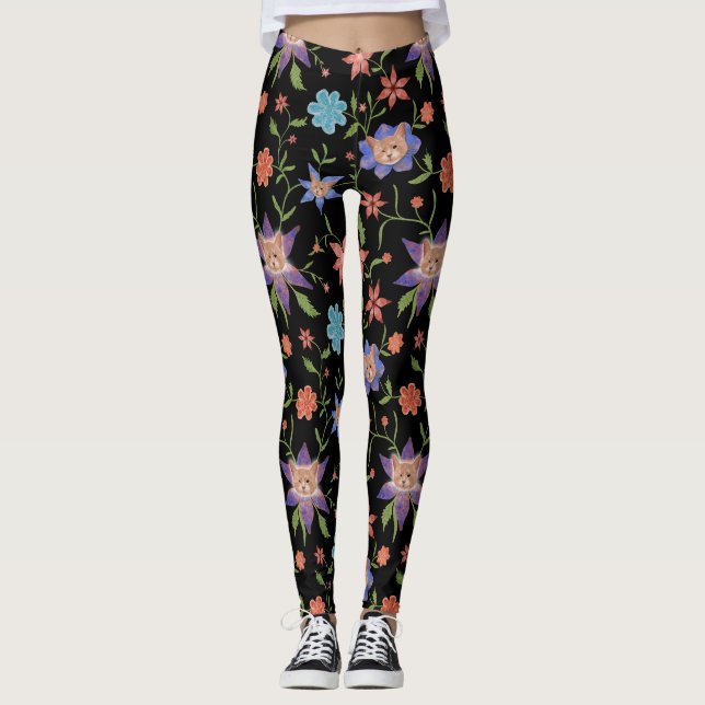Katter på färgrika blommor leggings (Framsida)
