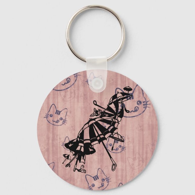 Katter Parasols Parbrellas Bläck art Illustration Nyckelring (Framsida)