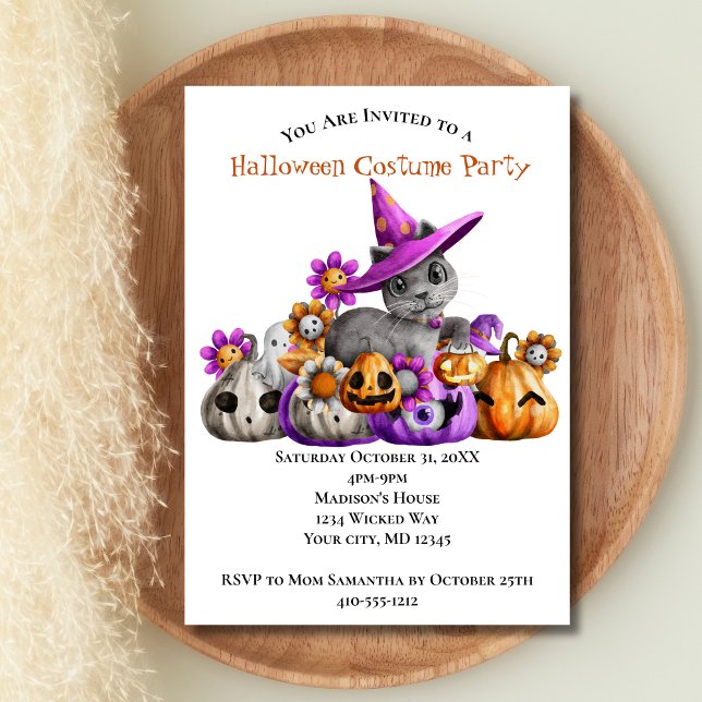 Katter Pumpa Lila Orange Barn Halloweenfest Inbjudningar (Cats Pumpkins Halloween Party Invitation. Printed or Digital Download)