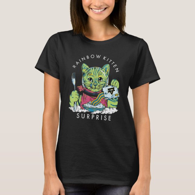 Katter Regnbåge Kattunge Överraskning Söt Äta Retr T Shirt (Framsida)