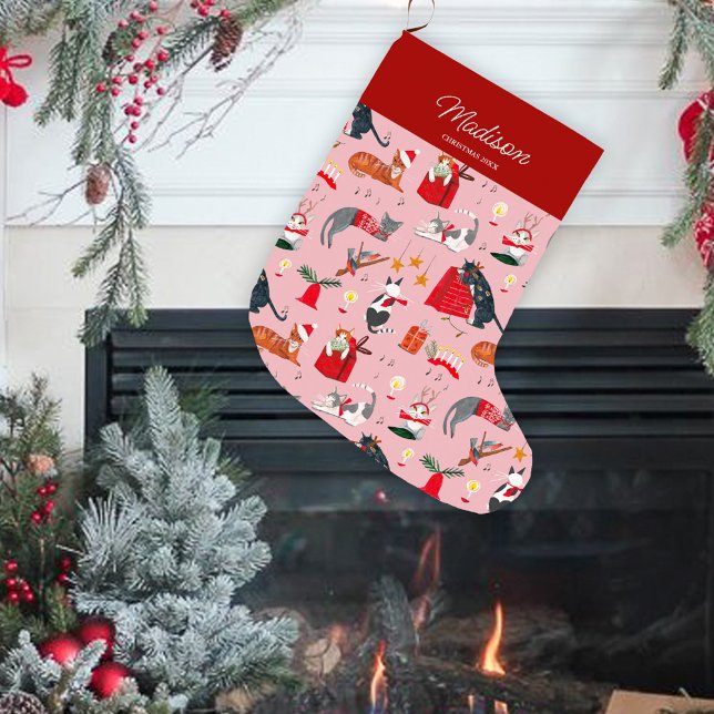 Katter retro rosa jul | Högtid | Strumpa (Chritmas stocking girl cat pattern pink)
