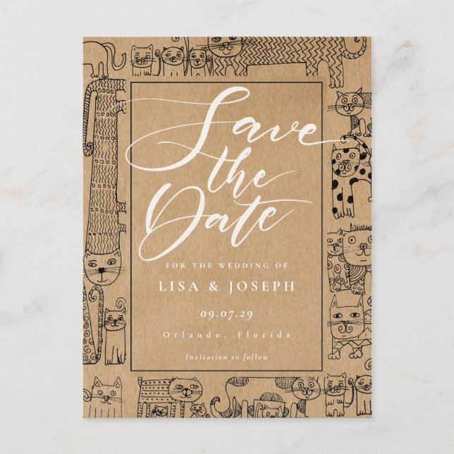 Katter Rustic Kraft Script Spara datumet Vykort (Framsida)