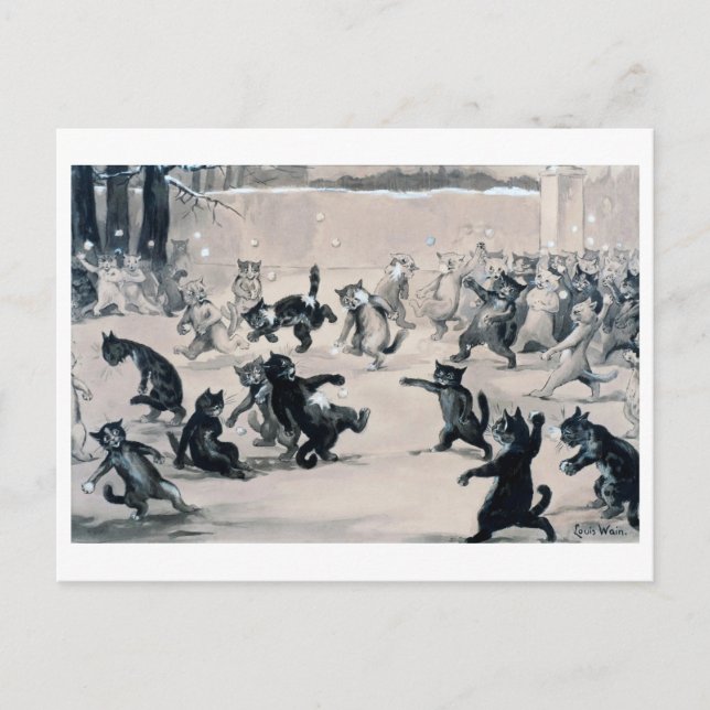 Katter Snowball Fight, Louis Wain Vykort (Framsida)