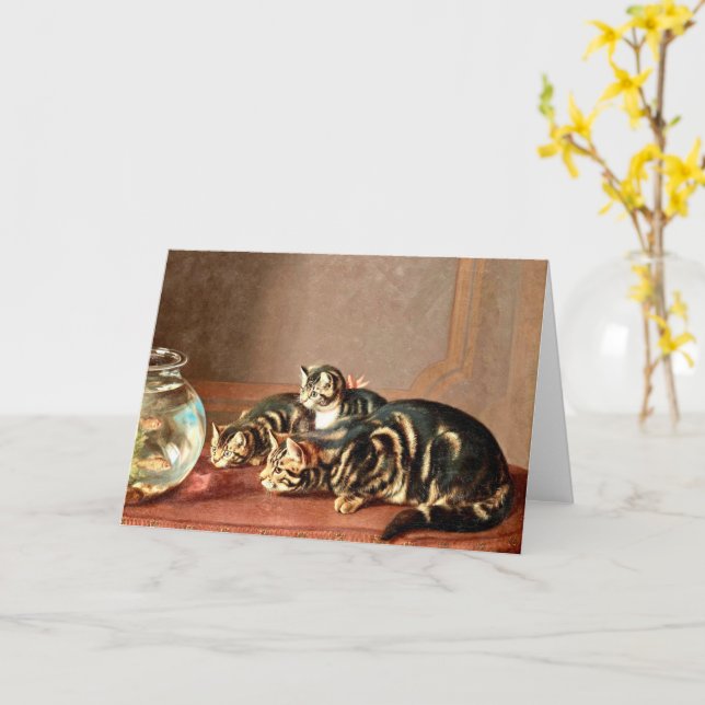 Katter som fiskar i en fiskskål kort (Gul blomma)