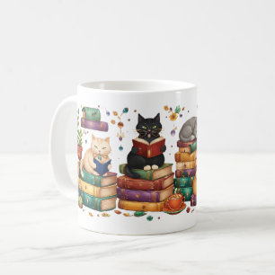 Katter som läser böcker mysig biblioteks scen kaffemugg