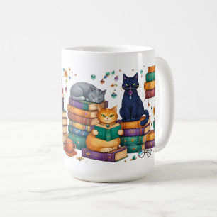 Katter som läser böcker mysig biblioteks scen kaffemugg