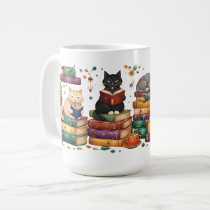 Katter som läser böcker mysig biblioteksscen kaffemugg