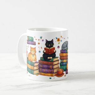 Katter som läser böcker mysig biblioteksscen kaffemugg